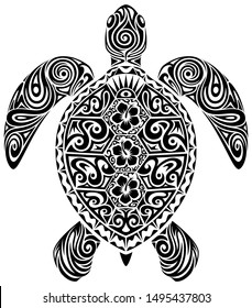 Vector illustration of an ornately-patterned black and white sea turtle design.