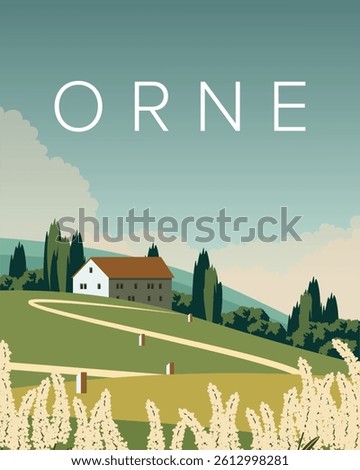 Vector illustration. Orne, France, tourist postcard, poster, banner, cover. Modern design. Tourism, nature.