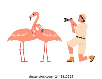 Vector illustration of ornithologists' adventures: flamingo watching, zoologist's equipment for bird watching and cartoon illustrations of outdoor research photos.