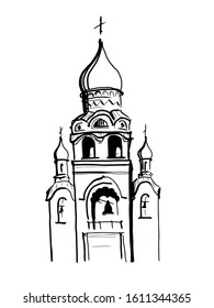 A vector illustration of an Orthodox Church with dome, towers and bells