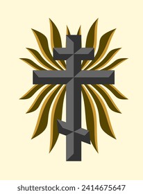 ilustración vectorial de una cruz ortodoxa de color gris, detrás de la cruz hay una ilustración de un rayo de sol dorado-marrón. Estos vectores son buenos para colecciones vectoriales, elementos de eventos religiosos. 