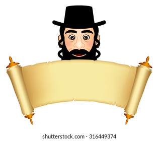 Vector illustration of orthodox Jewish man holding scroll of the law