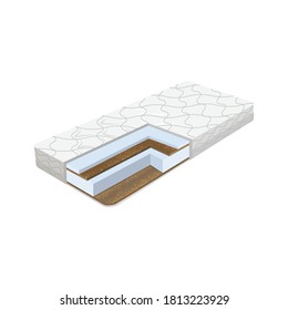 Ilustración vectorial de colchón ortopédico en sección con relleno de coco.