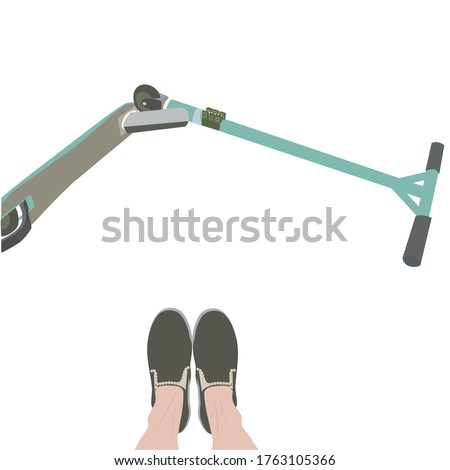 Vector illustration of os a stunt scooter and feet wearing skateboard trainers isolated on white background with space for runaround or wraparound text