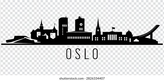 Vector illustration of Oslo city skyline silhouette. Detailed cityscape of the capital of Norway isolated on a transparent background.