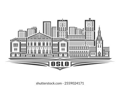 Vector illustration of Oslo, monochrome horizontal card with linear design famous oslo city scape, european urban line art concept with decorative lettering for black text oslo on white background