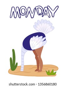 Vector illustration of ostrich on white background with text "monday"