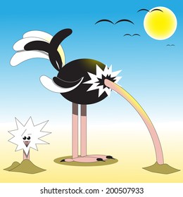 Vector illustration of ostrich, which put its head in sand 