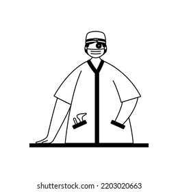Vector illustration of an otolaryngologist in a white coat with a tool for checking the respiratory and hearing organs. Profession.