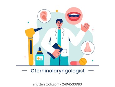 Vector Illustration of an Otorhinolaryngologist in a Healthcare Setting, Relating to Medical Issues of the Ear, Nose and Throat in a Flat Background