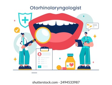 Vector Illustration of an Otorhinolaryngologist in a Healthcare Setting, Relating to Medical Issues of the Ear, Nose and Throat in a Flat Background