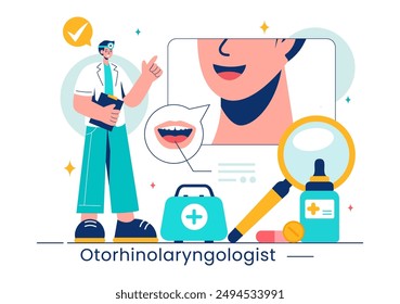 Vector Illustration of an Otorhinolaryngologist in a Healthcare Setting, Relating to Medical Issues of the Ear, Nose and Throat in a Flat Background