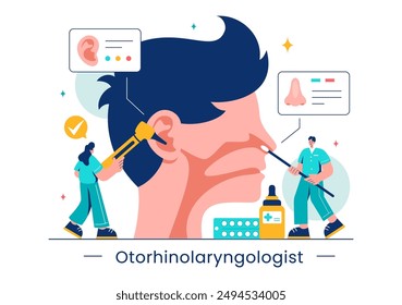 Vector Illustration of an Otorhinolaryngologist in a Healthcare Setting, Relating to Medical Issues of the Ear, Nose and Throat in a Flat Background