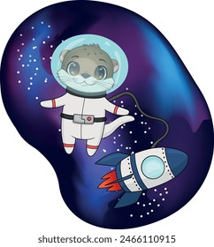 Vector illustration of otter astronaut.   Cartoon cute otter astronaut sticker.