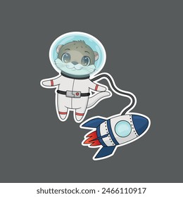 Vector illustration of otter astronaut.   Cartoon cute otter astronaut sticker.