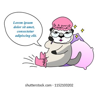 Vector illustration, otter character sitting on the pillows and applying facemask and eyepatches. Comics style. With speech bubble and lorem ipsum text.