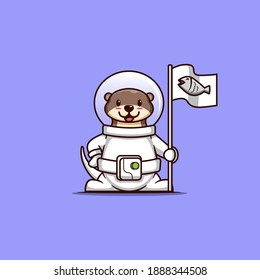 vector illustration. an otter who is becoming an astronaut with his flag. flat cartoon style.