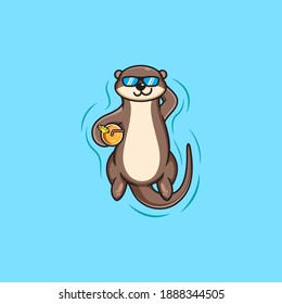 vector illustration. an otter who is enjoying swimming in the pool with a glass of orange juice. flat cartoon style