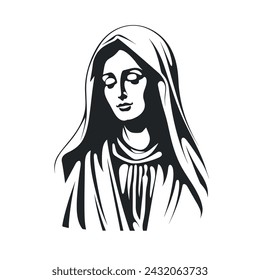 Vector illustration of Our Lady Virgin Mary Mother of Jesus, Holy Mary, madonna, black on white background, printable, suitable for logo, sign, tattoo, laser cutting, sticker and print on demand