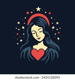 Ilustración vectorial de Nuestra Señora Virgen María Madre de Jesús, Santa María, madonna, con corazón rojo en estrellas sobre fondo negro, imprimible, adecuado para logotipo, signo, tatuaje, corte por láser, pegatina