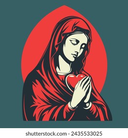 vector illustration of Our Lady Virgin Mary Mother of Jesus, Holy Mary, madonna, red heart, printable, suitable for logo, sign, tattoo, laser cutting, sticker