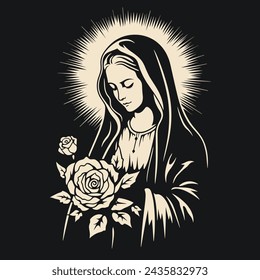 vector illustration of Our Lady Virgin Mary Mother of Jesus, Holy Mary, madonna, with roses, printable, suitable for logo, sign, tattoo, laser cutting, sticker and other print on demand	