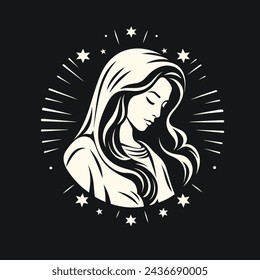 Vektor-Illustration von Unserer Jungfrau Maria Mutter von Jesus, Heilige Maria, Madonna, weiß auf schwarzem Hintergrund, bedruckbar, geeignet für Logo, Zeichen, Tattoo, Laserschneiden, Aufkleber