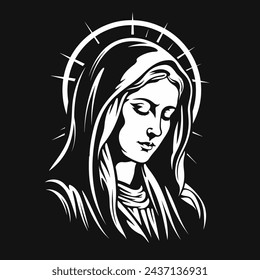 Vektor-Illustration von Unserer Jungfrau Maria Mutter von Jesus, Heilige Maria, Madonna, weißer und schwarzer Hintergrund, bedruckbar, geeignet für Logo, Zeichen, Tattoo, Laserschneiden, Aufkleber