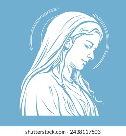 vector illustration of Our Lady Virgin Mary Mother of Jesus, Holy Mary, madonna, white on blue background, printable, suitable for logo, sign, tattoo, laser cutting, sticker and print on demand	