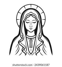 Ilustración vectorial de Nuestra Señora Virgen María Madre de Jesús, Santa María, madonna, negro sobre fondo blanco, imprimible, adecuado para logotipo, signo, tatuaje, corte por láser, pegatinas