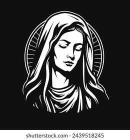 vector illustration of Our Lady Virgin Mary Mother of Jesus, Holy Mary, madonna, white on black background, printable, suitable for logo, sign, tattoo, laser cutting, sticker 