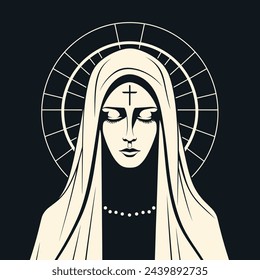vector illustration of Our Lady Virgin Mary Mother of Jesus, Holy Mary, madonna, white on black background, printable, suitable for logo, sign, tattoo, laser cutting, stickers