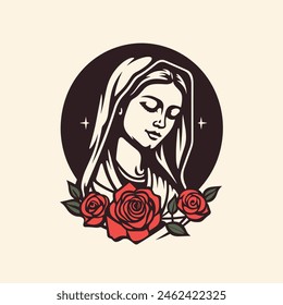 vector illustration of Our Lady Virgin Mary Mother of Jesus, Holy Mary, madonna, with roses, on beige background, printable, suitable for logo, sign, tattoo, laser cutting, christianity stickers