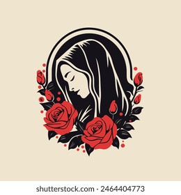 vector illustration of Our Lady Virgin Mary Mother of Jesus, Holy Mary, madonna, with roses, on beige background, printable, suitable for logo, sign, tattoo, laser cutting, christian sticker 