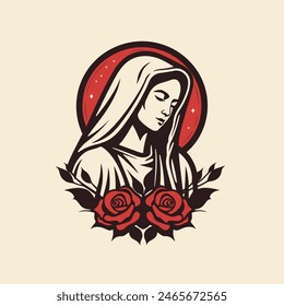 Ilustración vectorial de Nuestra Señora Virgen María Madre de Jesús, Santa María, madonna, con rosas, sobre fondo beige, imprimible, apto para logo, signo, tatuaje, corte por láser, pegatina cristiana 