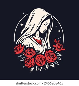 vector illustration of Our Lady Virgin Mary Mother of Jesus, Holy Mary, madonna, with roses, printable, suitable for logo, sign, tattoo, laser cutting, sticker and other print on demand	