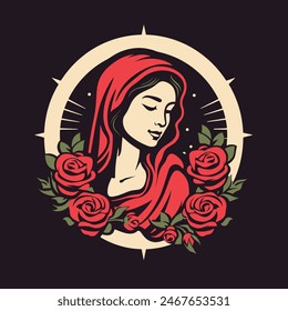 vector illustration of Our Lady Virgin Mary Mother of Jesus, Holy Mary, madonna, with roses, printable, suitable for logo, sign, tattoo, laser cutting, sticker and other print on demand	