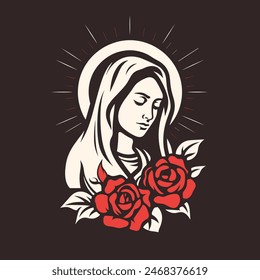 Ilustración vectorial de Nuestra Señora Virgen María Madre de Jesús, Santa María, madonna, con rosas, imprimible, apto para logo, signo, tatuaje, corte por láser, pegatina y otra Impresión a la carta	