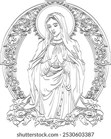 vector illustration of Our Lady Virgin Mary Mother of Jesus, Holy Mary, madonna, beige background, printable, suitable for logo, sign, tattoo, laser cutting, sticker and print on demand