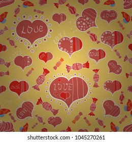 Vector illustration. Our love is magic. Love card. Cartoon hearts love on yellow, orange and white colors on cute background. Seamless pattern with hearts.