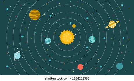 Vector illustration of our Solar System with planets and stars on dark background.