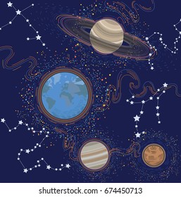 Vector illustration of our Solar System with gradient planets and asteroid belt on dark background
