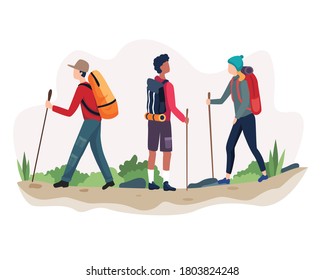 Ilustración vectorial Actividad al aire libre senderismo. Hombre y mujer en el paisaje montañoso al aire libre. Aventura de verano en camping vector. Vector de estilo plano