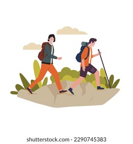 Vector illustration of outdoor activity hiking. Illustration for website, landing page, mobile app, poster and banner. Trendy flat vector illustration