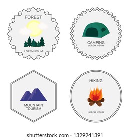  Vector illustration of outdoor activity symbol for campers, hiking in cartoon style. Adventure outdoor label and trip symbols. For travel agency, and tour brochure, banner. Wild life concept.