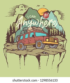 Vector illustration of outdoor adventure car on the mountain