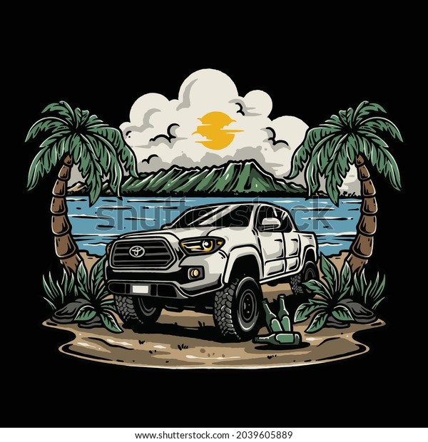 Vector\
illustration of outdoor adventure car on the\
beach