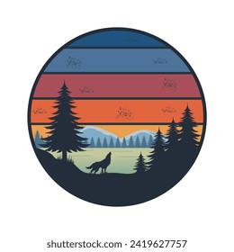 Ilustración vectorial de un logotipo de aventura exterior con una montaña de árbol, un lobo en círculo, estilo retro, perfecto para logotipos, camisetas, pegatinas, etc