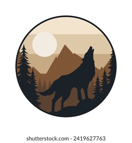 Ilustración vectorial de un logotipo de aventura exterior con una montaña de árbol, un lobo en círculo, estilo retro, perfecto para logotipos, camisetas, pegatinas, etc