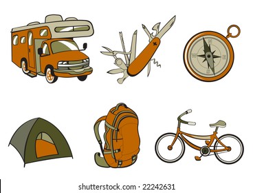 Vector illustration of Outdoor and camping icons. Includes icons of  compass, Travel Trailer, penknife, tent, rucksack and bicycle.